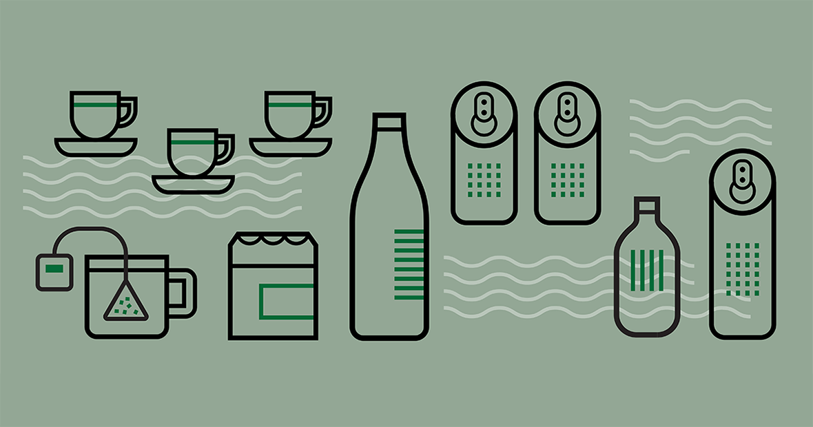 Illustration de tasses, canettes et bouteilles sur fond vert représentant des boissons au cannabis, incluant du thé infusé et des boissons prêtes à consommer